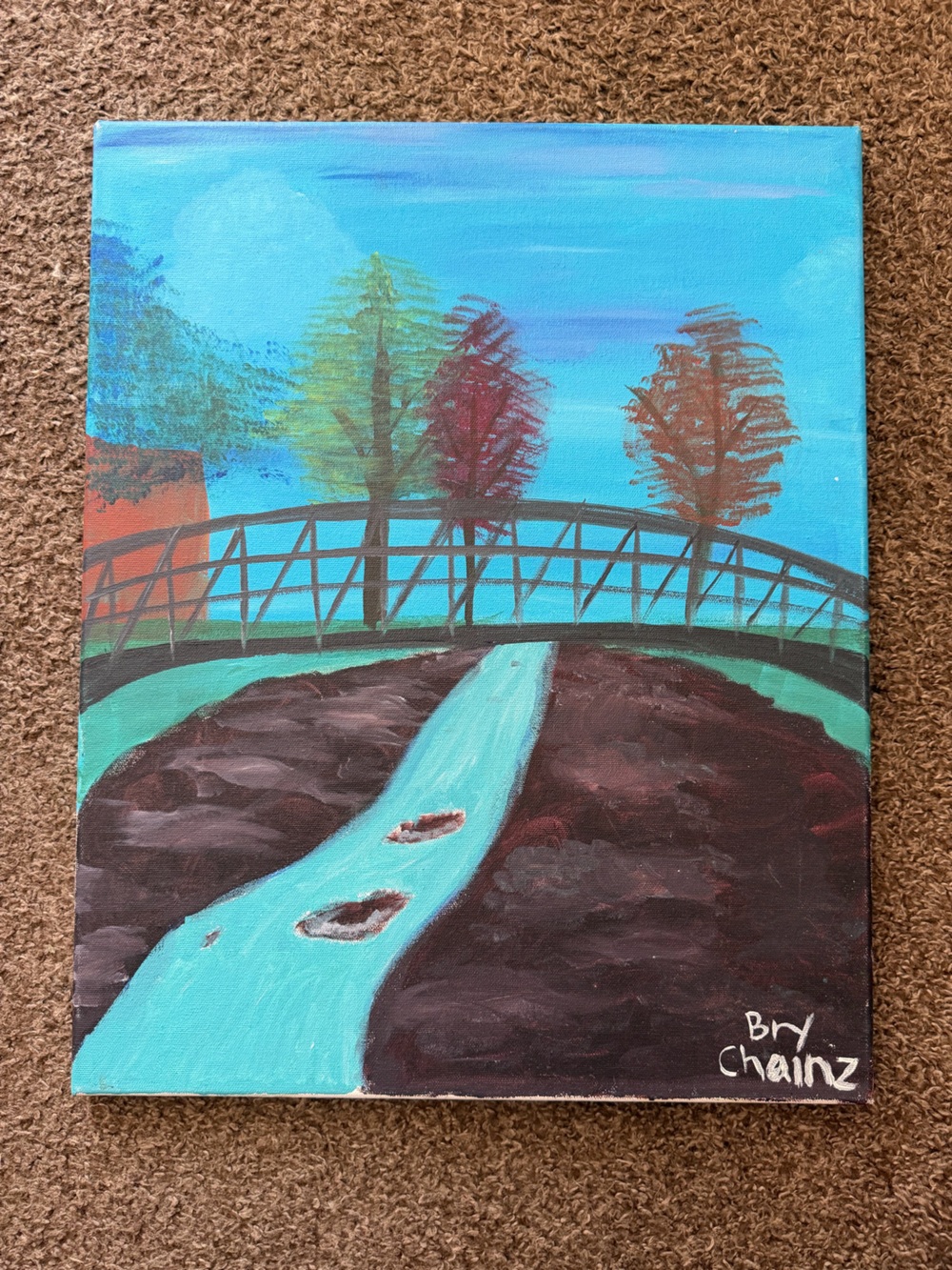 Original Hand Painted Canvas Abstract Landscape Bridge Artwork